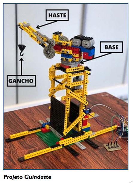 Foto de um dos projetos, o Projeto Guindaste montado com peças de Lego