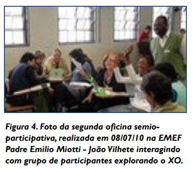 Figura 4. Foto da segunda oficina semioparticipativa, realizada em 08/07/10 na EMEF Padre Emilio Miotti - João Vilhete interagindo com grupo de participantes explorando o XO