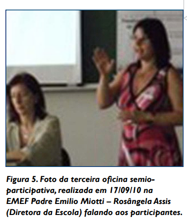 Figura 5. Foto da terceira oficina semioparticipativa, realizada em 17/09/10 na EMEF Padre Emilio Miotti – Rosângela Assis (Diretora da Escola) falando aos participantes.
