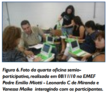 Figura 6. Foto da quarta oficina semioparticipativa, realizada em 08/11/10 na EMEF Padre Emilio Miotti - Leonardo C de Miranda e Vanessa Maike interagindo com os participantes.