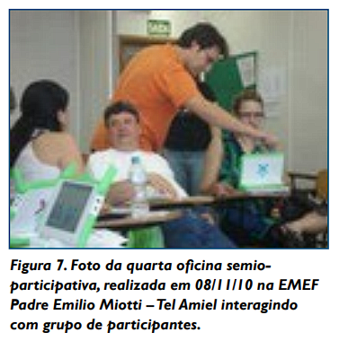 Figura 7. Foto da quarta oficina semioparticipativa, realizada em 08/11/10 na EMEF Padre Emilio Miotti – Tel Amiel interagindo com grupo de participantes.