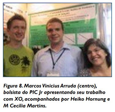 Figura 8. Marcos Vinicius Arruda (centro), bolsista do PIC Jr apresentando seu trabalho com XO, acompanhados por Heiko Hornung e M Cecilia Martins. 