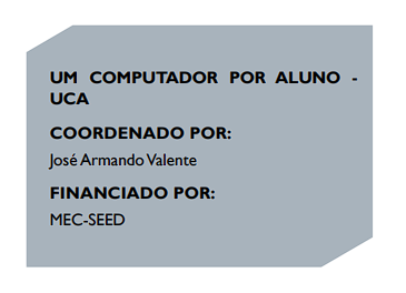 UM COMPUTADOR POR ALUNO -
UCA
COORDENADO POR:
José Armando Valente
FINANCIADO POR:
MEC-SEED