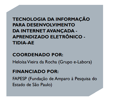 TECNOLOGIA DA INFORMAÇÃO
PARA DESENVOLVIMENTO
DA INTERNET AVANÇADA -
APRENDIZADO ELETRÔNICO -
TIDIA-AE
COORDENADO POR:
Heloísa Vieira da Rocha (Grupo e-Labora)
FINANCIADO POR:
FAPESP (Fundação de Amparo à Pesquisa do
Estado de São Paulo)