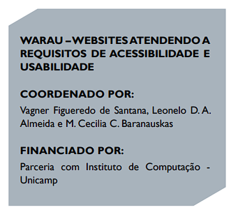 WARAU – WEBSITES ATENDENDO A REQUISITOS DE ACESSIBILIDADE E USABILIDADE COORDENADO POR: Vagner Figueredo de Santana, Leonelo D. A. Almeida e M. Cecilia C. Baranauskas FINANCIADO POR: Parceria com Instituto de Computação - Unicamp