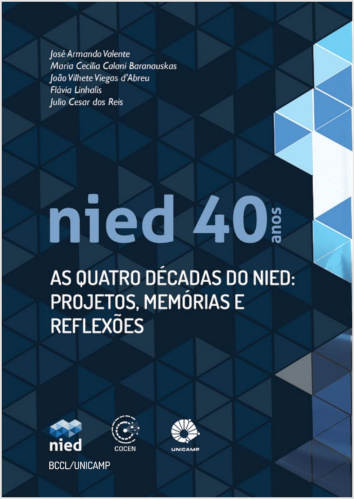 Versão reduzida do lado direito da capa do livro VALENTE, J. A.; BARANAUSKAS, M. C. C.; D’ABREU, J. V. V.; LINHALIS, F.; DOS REIS, J. C. As quatro décadas do NIED: projetos, memórias e reflexões. Campinas, SP: BCCL/UNICAMP, 2023. ISBN: 978-65-88816-57-8. DOI: https://doi.org/10.20396/ISBN9786588816578. Disponível em: https://hdl.handle.net/20.500.12733/15089. Acesso em: 29 fev. 2024.