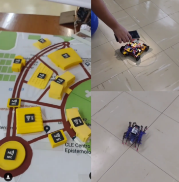 Print de três trechos de vídeo promocional publicado pela Cocen no Instagram no UPA 2022, tendo na primeira coluna um recorte do Mapa Tátil Sonoro e, na segunda coluna, acima, o recorte de um carrinho e, abaixo, uma aranha mecânica.