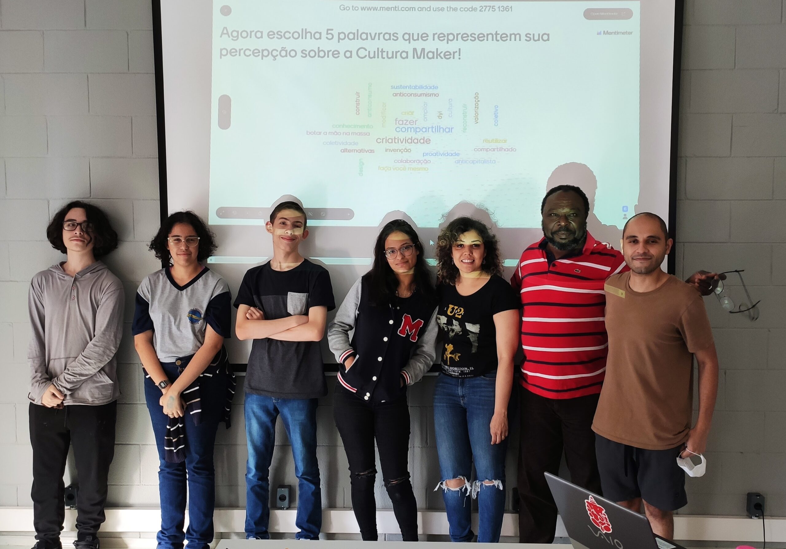 Percepções sobre Cultura Maker: Foto com alunos do PIBIC-Ensino Médio, Bolsistas BAS, mestranda e o pesquisador-orientador com projeção da nuvem de palavras ao fundo (foto 2)