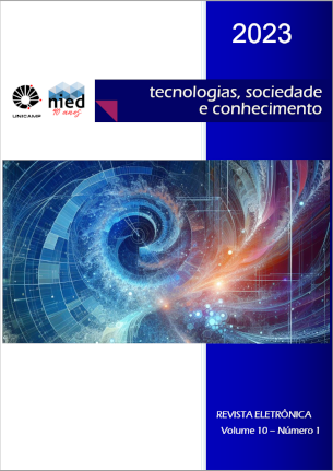 Versão reduzida da Capa da revista TSC NIED Unicamp (Tecnologias, sociedade e conhecimento) criada com inteligência artificial Microsoft DALL-E 3 através do prompt: Crie uma imagem que comece pelo lado esquerdo com um fractal e, na medida em que avança para o centro vertical da imagem, faça uma transição para elementos abstratos que denotem a interdisciplinaridade entre a informática e educação. Utilize cores em tons azuis que denotem autoridade no assunto segundo a psicologia das cores e algumas linhas verdes reluzentes. Data: 1 de dezembro de 2023 às 10:36 AM.