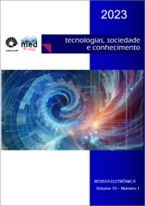 Versão imprimível da Capa da revista TSC NIED Unicamp (Tecnologias, sociedade e conhecimento) criada com inteligência artificial Microsoft DALL-E 3 através do prompt: Crie uma imagem que comece pelo lado esquerdo com um fractal e, na medida em que avança para o centro vertical da imagem, faça uma transição para elementos abstratos que denotem a interdisciplinaridade entre a informática e educação. Utilize cores em tons azuis que denotem autoridade no assunto segundo a psicologia das cores e algumas linhas verdes reluzentes. Data: 1 de dezembro de 2023 às 10:36 AM.