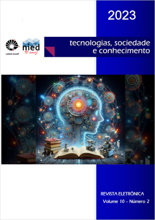 Versão miniatura da Capa da revista TSC NIED Unicamp (Tecnologias, sociedade e conhecimento) obtida por meio da inteligência artificial Criador de imagens do Microsoft Designer (bing.com), através do prompt: Somos editores de um periódico científico especializado no uso da informática na educação. Agora, precisamos de uma imagem para compor a capa de uma edição especial sobre a retomada da IA em Educação: história e novas questões. Gere uma imagem impactante com o uso de fractais mesclados com um cérebro robótico ligado por fios saindo dos fractais e ligados à placa mãe. Utilize elementos de educação. Data: 25 de abril de 2024 às 22:36 PM.